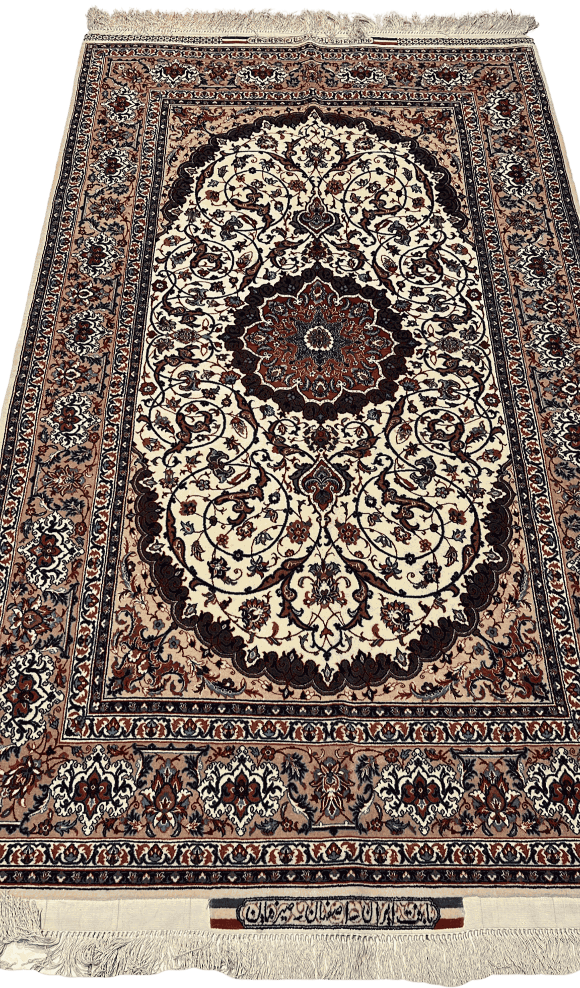 "Luxury Persian medallion rug by Master Bagher Seirafian, hand-knotted in Isfahan with silk and wool, featuring intricate floral and medallion patterns."